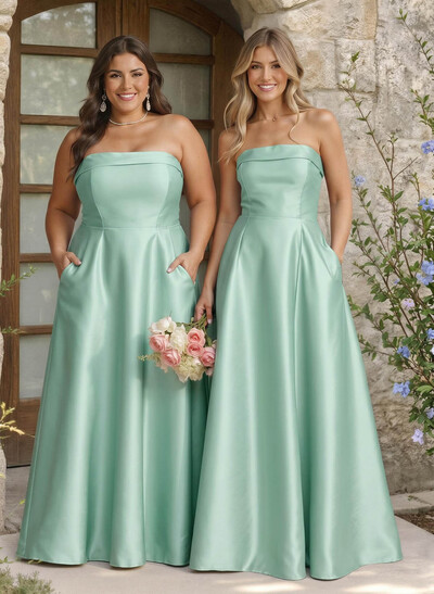 A-Line Strapless Sleeveless Floor-Length Satin Bridesmaid Dresses With Pockets