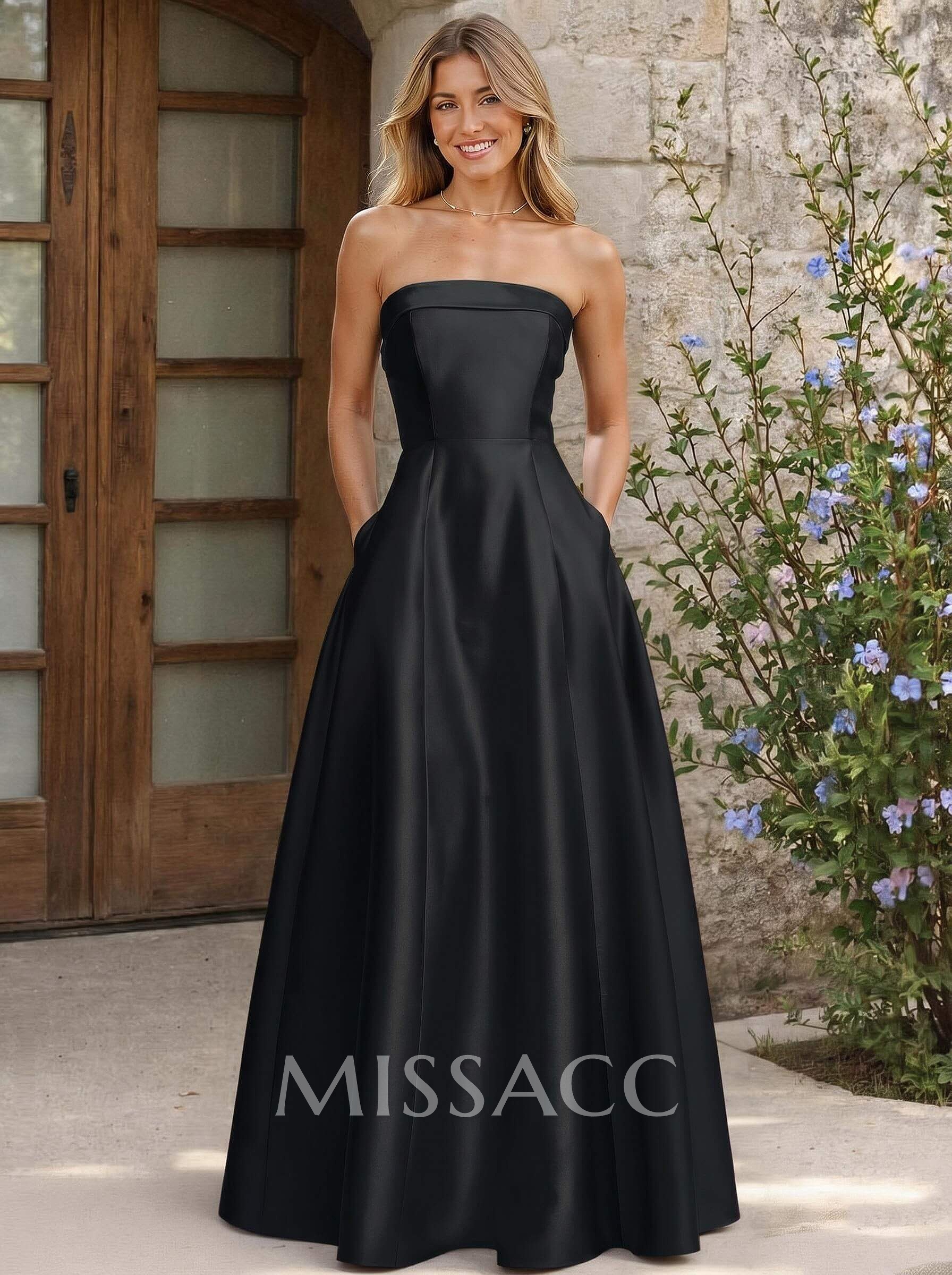 A-Line Strapless Sleeveless Floor-Length Satin Bridesmaid Dresses With Pockets A-Line Strapless Sleeveless Floor-Length Satin Bridesmaid Dresses With Pockets
