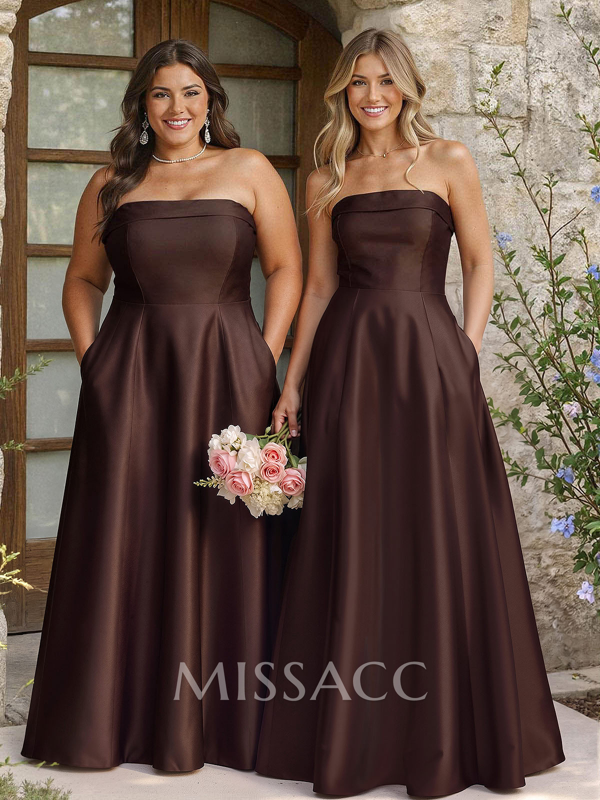 A-Line Strapless Sleeveless Floor-Length Satin Bridesmaid Dresses With Pockets