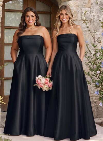 A-Line Strapless Sleeveless Floor-Length Satin Bridesmaid Dresses With Pockets