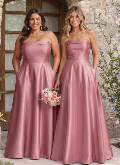 A-Line Strapless Sleeveless Floor-Length Satin Bridesmaid Dresses With Pockets