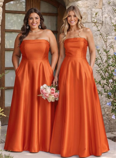 A-Line Strapless Sleeveless Floor-Length Satin Bridesmaid Dresses With Pockets