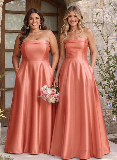 A-Line Strapless Sleeveless Floor-Length Satin Bridesmaid Dresses With Pockets