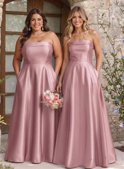 A-Line Strapless Sleeveless Floor-Length Satin Bridesmaid Dresses With Pockets
