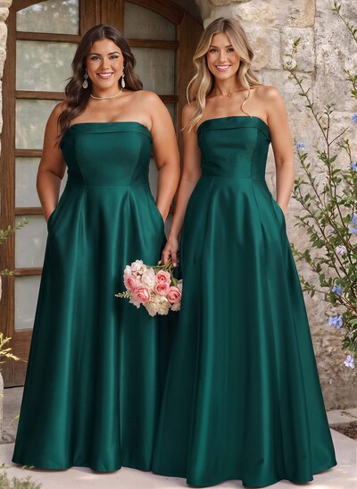 A-Line Strapless Sleeveless Floor-Length Satin Bridesmaid Dresses With Pockets