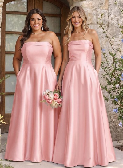 A-Line Strapless Sleeveless Floor-Length Satin Bridesmaid Dresses With Pockets