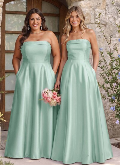 A-Line Strapless Sleeveless Floor-Length Satin Bridesmaid Dresses With Pockets
