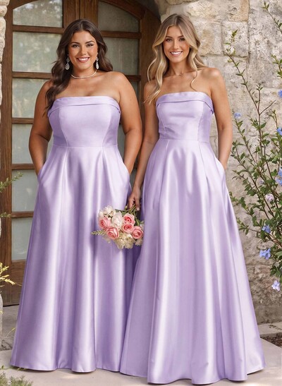 A-Line Strapless Sleeveless Floor-Length Satin Bridesmaid Dresses With Pockets