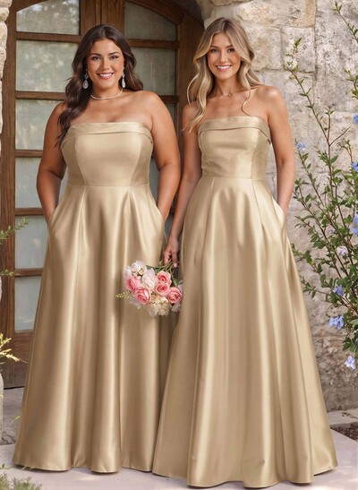 A-Line Strapless Sleeveless Floor-Length Satin Bridesmaid Dresses With Pockets