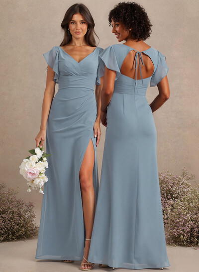 A-Line V-Neck Cape Sleeves Floor-Length Chiffon Bridesmaid Dresses With High Split/Shoulder Ruffle