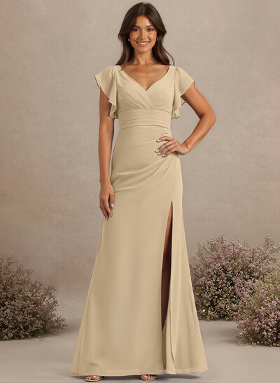 A-Line V-Neck Cape Sleeves Floor-Length Chiffon Bridesmaid Dresses With High Split/Shoulder Ruffle