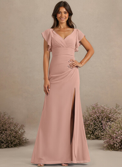 A-Line V-Neck Cape Sleeves Floor-Length Chiffon Bridesmaid Dresses With High Split/Shoulder Ruffle