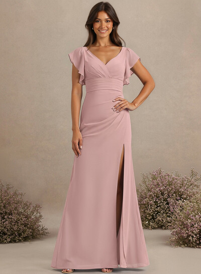 A-Line V-Neck Cape Sleeves Floor-Length Chiffon Bridesmaid Dresses With High Split/Shoulder Ruffle
