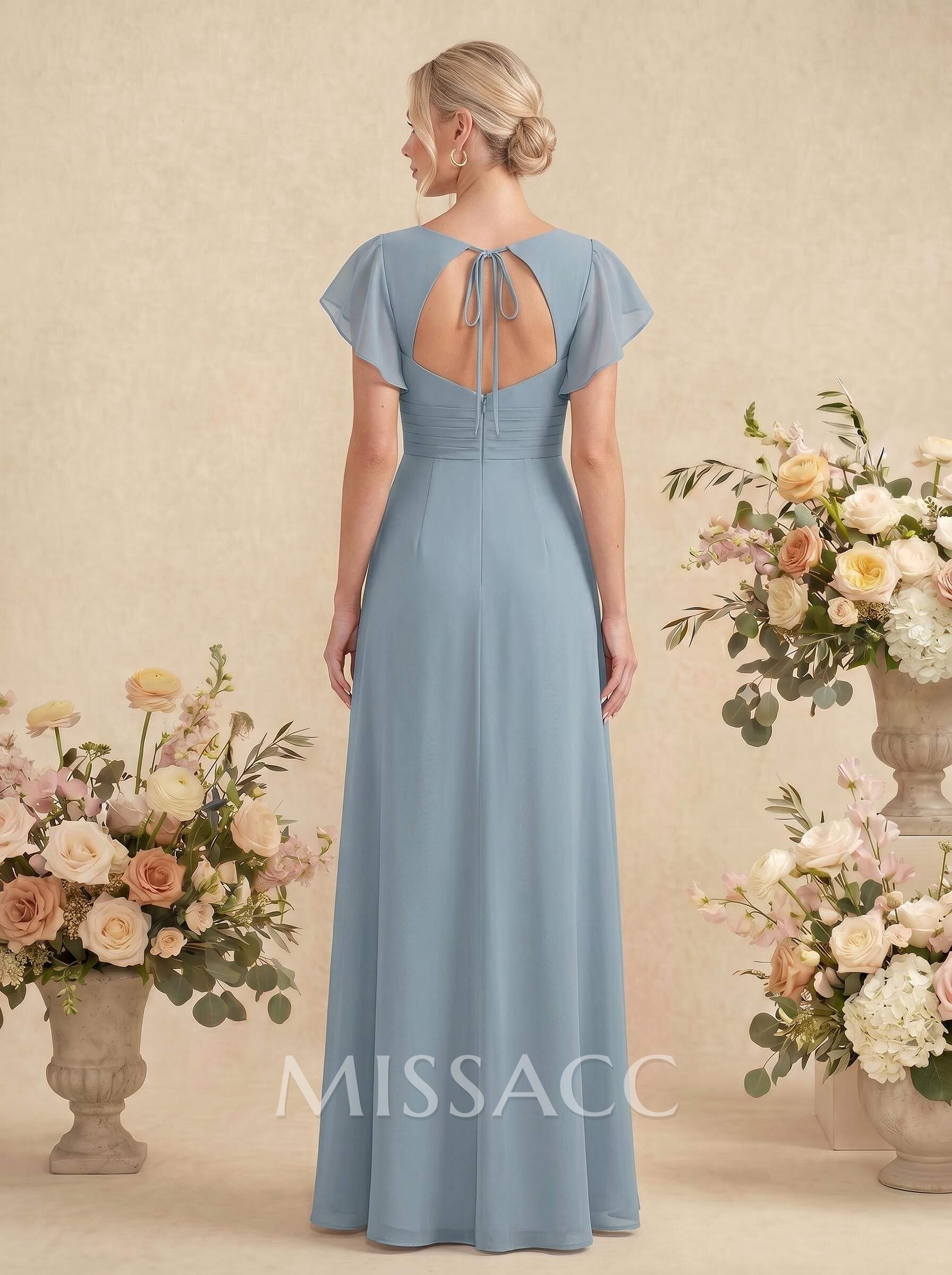 A-Line V-Neck Cape Sleeves Floor-Length Chiffon Bridesmaid Dresses With High Split/Shoulder Ruffle