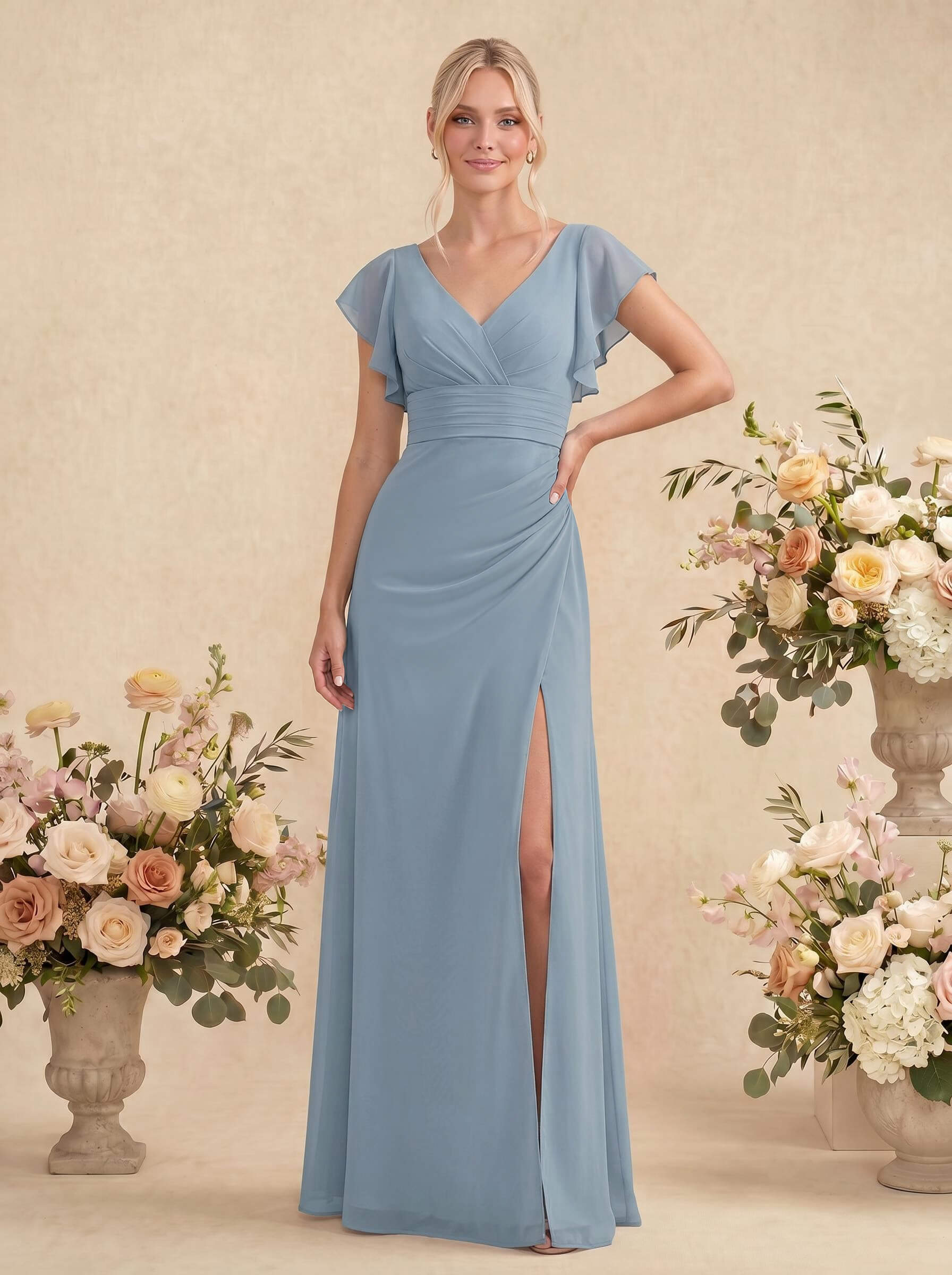 A-Line V-Neck Cape Sleeves Floor-Length Chiffon Bridesmaid Dresses With High Split/Shoulder Ruffle