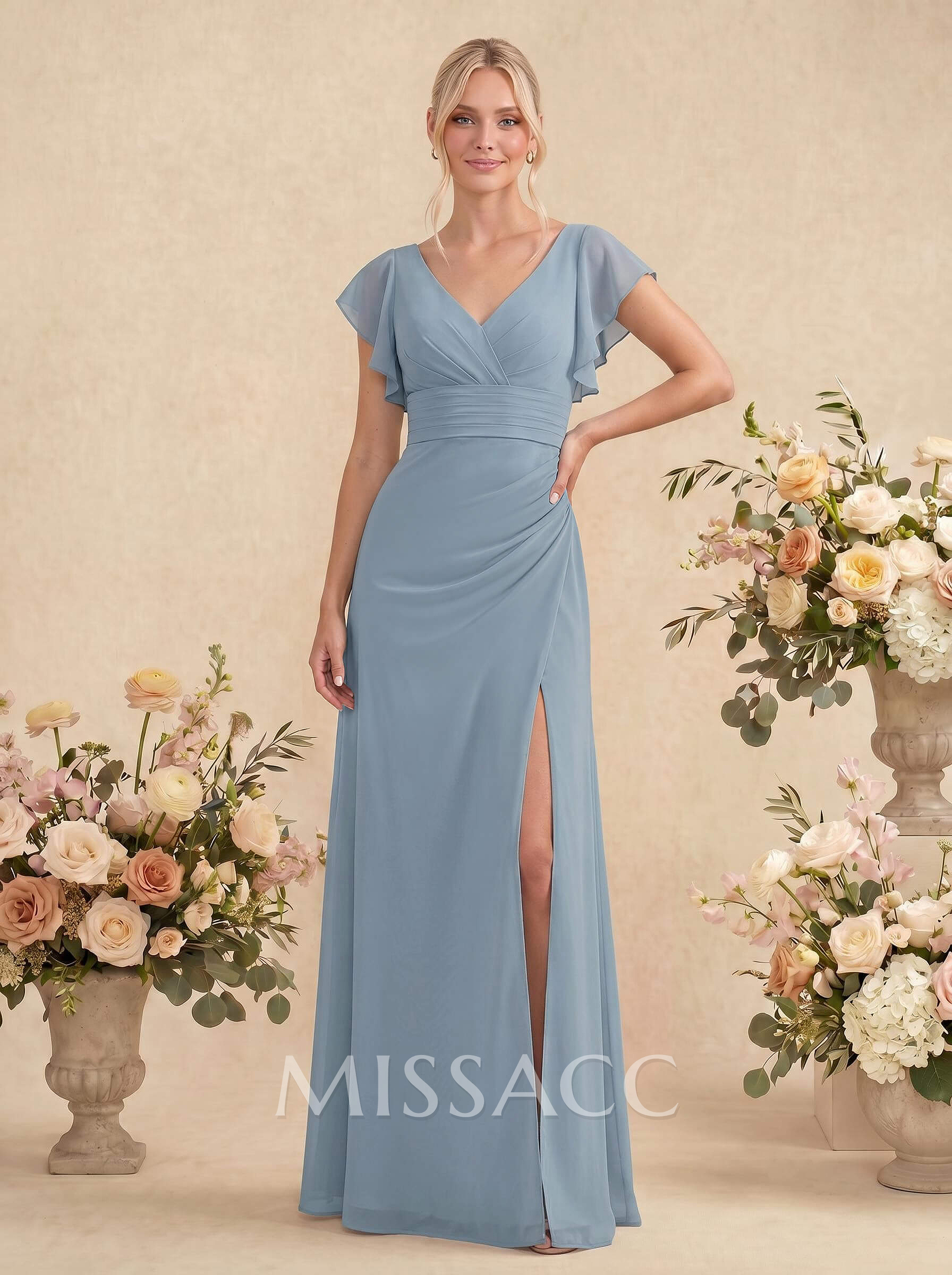 A-Line V-Neck Cape Sleeves Floor-Length Chiffon Bridesmaid Dresses With High Split/Shoulder Ruffle