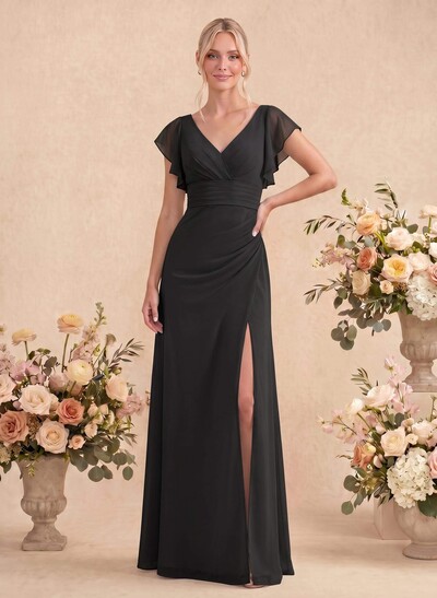 A-Line V-Neck Cape Sleeves Floor-Length Chiffon Bridesmaid Dresses With High Split/Shoulder Ruffle