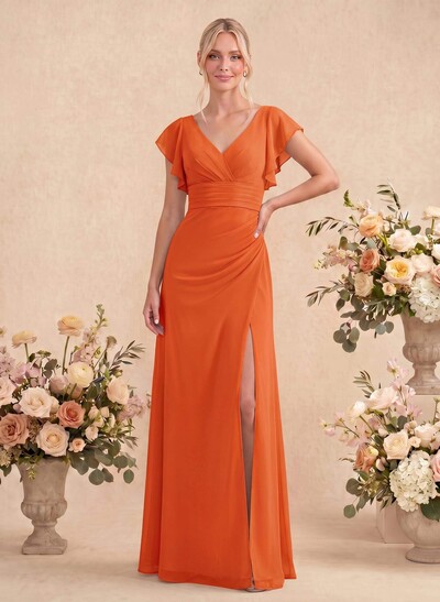 A-Line V-Neck Cape Sleeves Floor-Length Chiffon Bridesmaid Dresses With High Split/Shoulder Ruffle