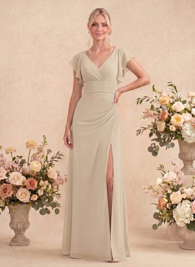 A-Line V-Neck Cape Sleeves Floor-Length Chiffon Bridesmaid Dresses With High Split/Shoulder Ruffle