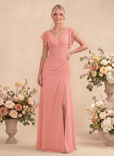 A-Line V-Neck Cape Sleeves Floor-Length Chiffon Bridesmaid Dresses With High Split/Shoulder Ruffle