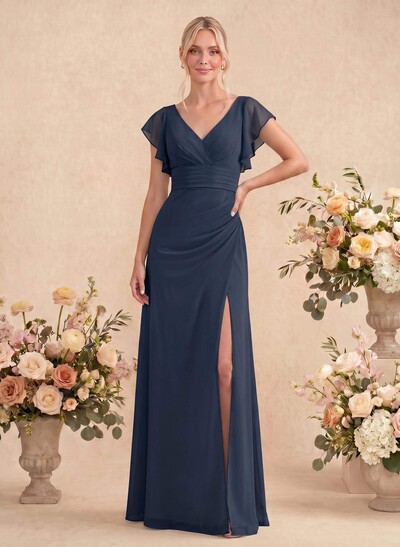 A-Line V-Neck Cape Sleeves Floor-Length Chiffon Bridesmaid Dresses With High Split/Shoulder Ruffle