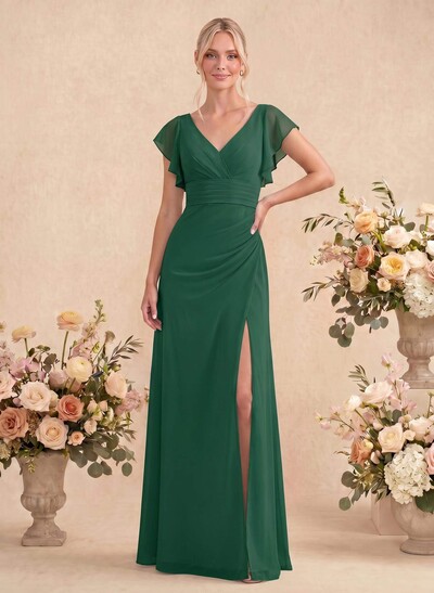 A-Line V-Neck Cape Sleeves Floor-Length Chiffon Bridesmaid Dresses With High Split/Shoulder Ruffle