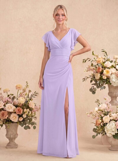 A-Line V-Neck Cape Sleeves Floor-Length Chiffon Bridesmaid Dresses With High Split/Shoulder Ruffle