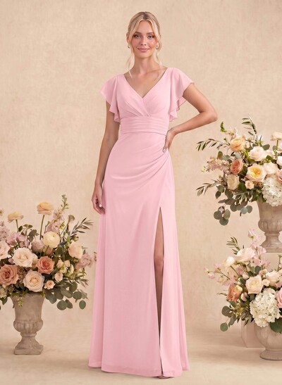 A-Line V-Neck Cape Sleeves Floor-Length Chiffon Bridesmaid Dresses With High Split/Shoulder Ruffle