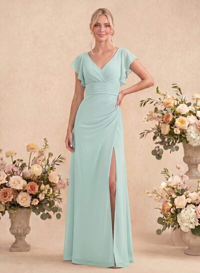 A-Line V-Neck Cape Sleeves Floor-Length Chiffon Bridesmaid Dresses With High Split/Shoulder Ruffle