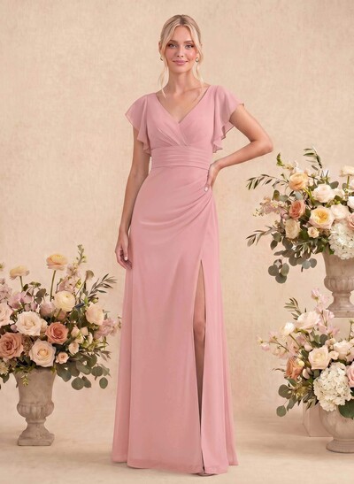 A-Line V-Neck Cape Sleeves Floor-Length Chiffon Bridesmaid Dresses With High Split/Shoulder Ruffle