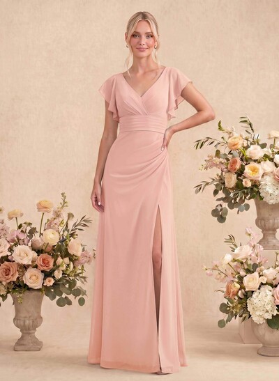 A-Line V-Neck Cape Sleeves Floor-Length Chiffon Bridesmaid Dresses With High Split/Shoulder Ruffle