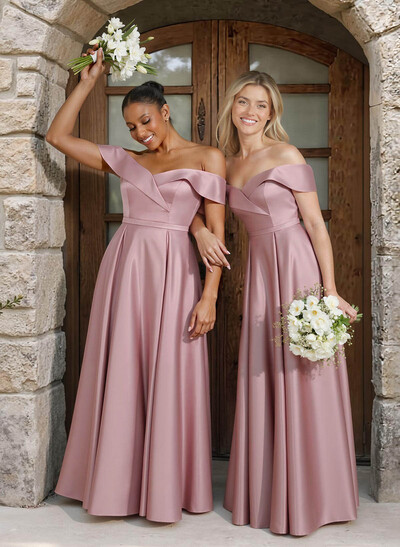 A-Line Off-The-Shoulder Floor-Length Satin Bridesmaid Dresses With Pockets