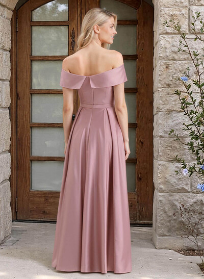 A-Line Off-The-Shoulder Floor-Length Satin Bridesmaid Dresses With Pockets