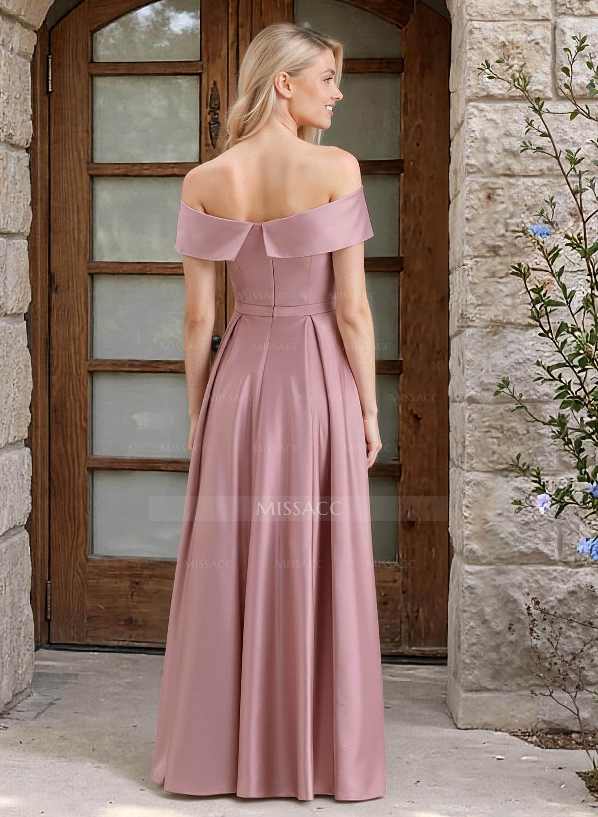 A-Line Off-The-Shoulder Floor-Length Satin Bridesmaid Dresses With Pockets