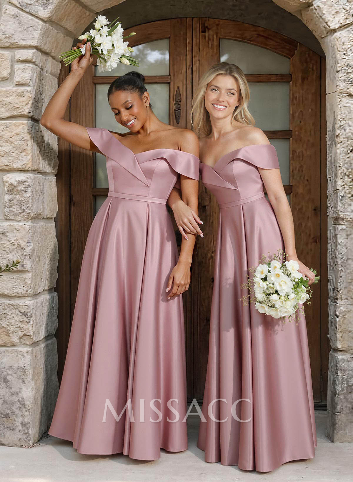 A-Line Off-The-Shoulder Floor-Length Satin Bridesmaid Dresses With Pockets A-Line Off-The-Shoulder Floor-Length Satin Bridesmaid Dresses With Pockets