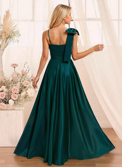 A-Line Sweetheart Floor-Length Satin Bridesmaid Dresses With Bow(s)/High Split