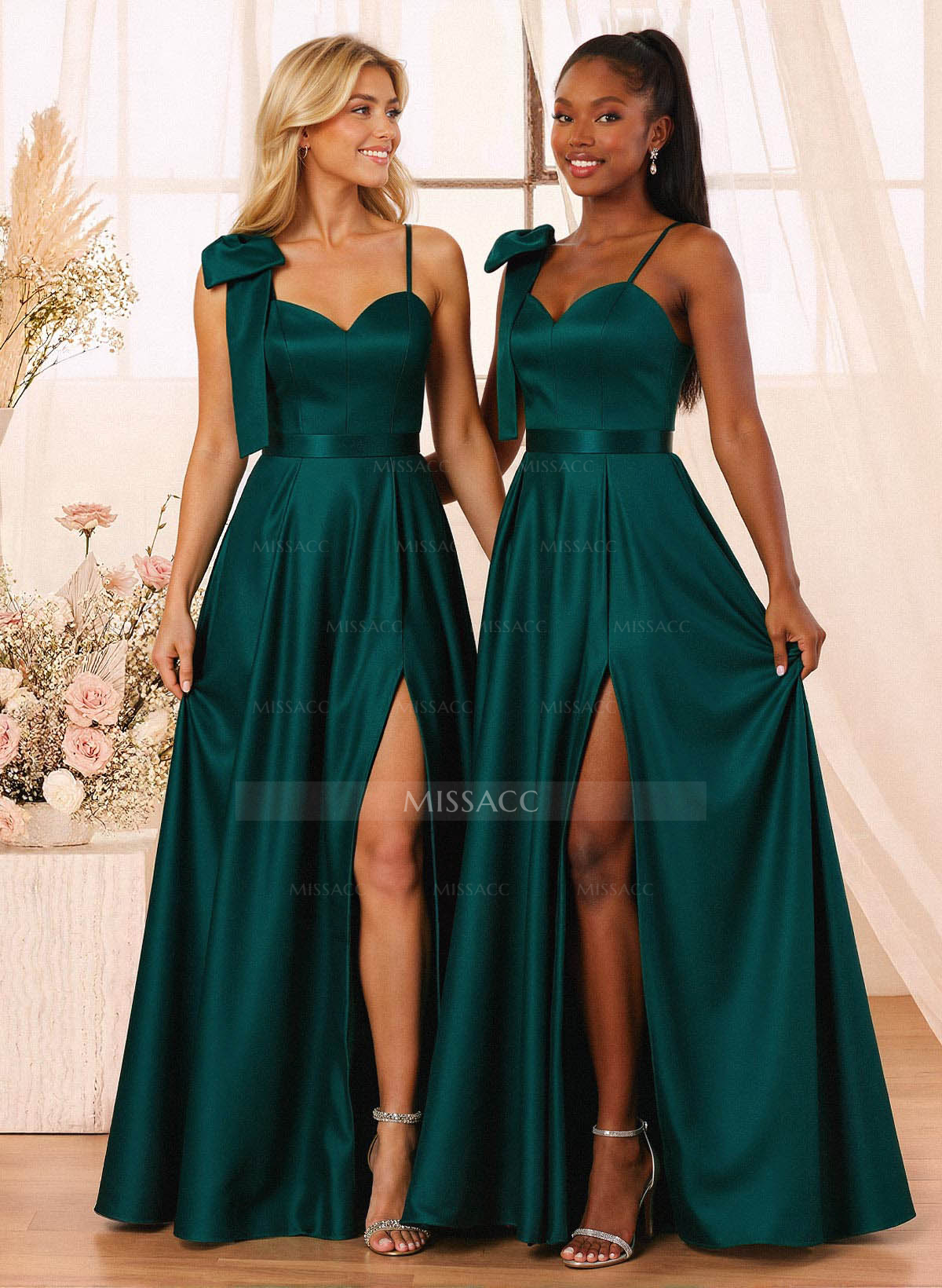 A-Line Sweetheart Floor-Length Satin Bridesmaid Dresses With Bow(s)/High Split