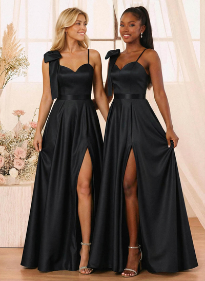 A-Line Sweetheart Floor-Length Satin Bridesmaid Dresses With Bow(s)/High Split