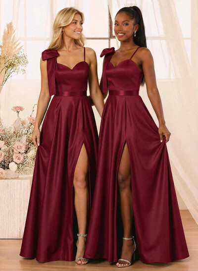 A-Line Sweetheart Floor-Length Satin Bridesmaid Dresses With Bow(s)/High Split