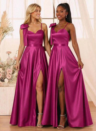 A-Line Sweetheart Floor-Length Satin Bridesmaid Dresses With Bow(s)/High Split