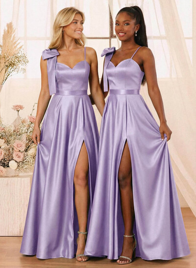 A-Line Sweetheart Floor-Length Satin Bridesmaid Dresses With Bow(s)/High Split