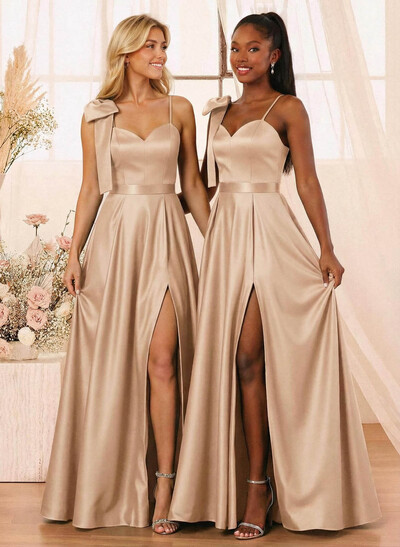 A-Line Sweetheart Floor-Length Satin Bridesmaid Dresses With Bow(s)/High Split