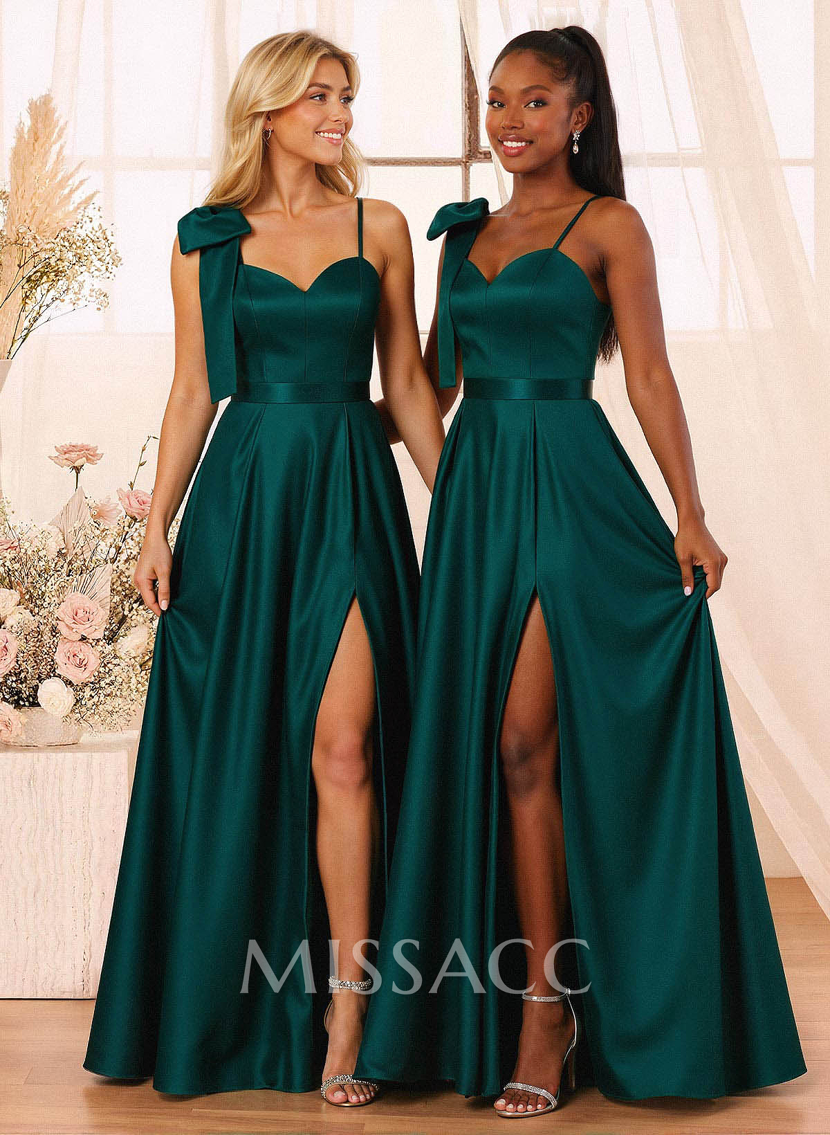 A-Line Sweetheart Floor-Length Satin Bridesmaid Dresses With Bow(s)/High Split A-Line Sweetheart Floor-Length Satin Bridesmaid Dresses With Bow(s)/High Split