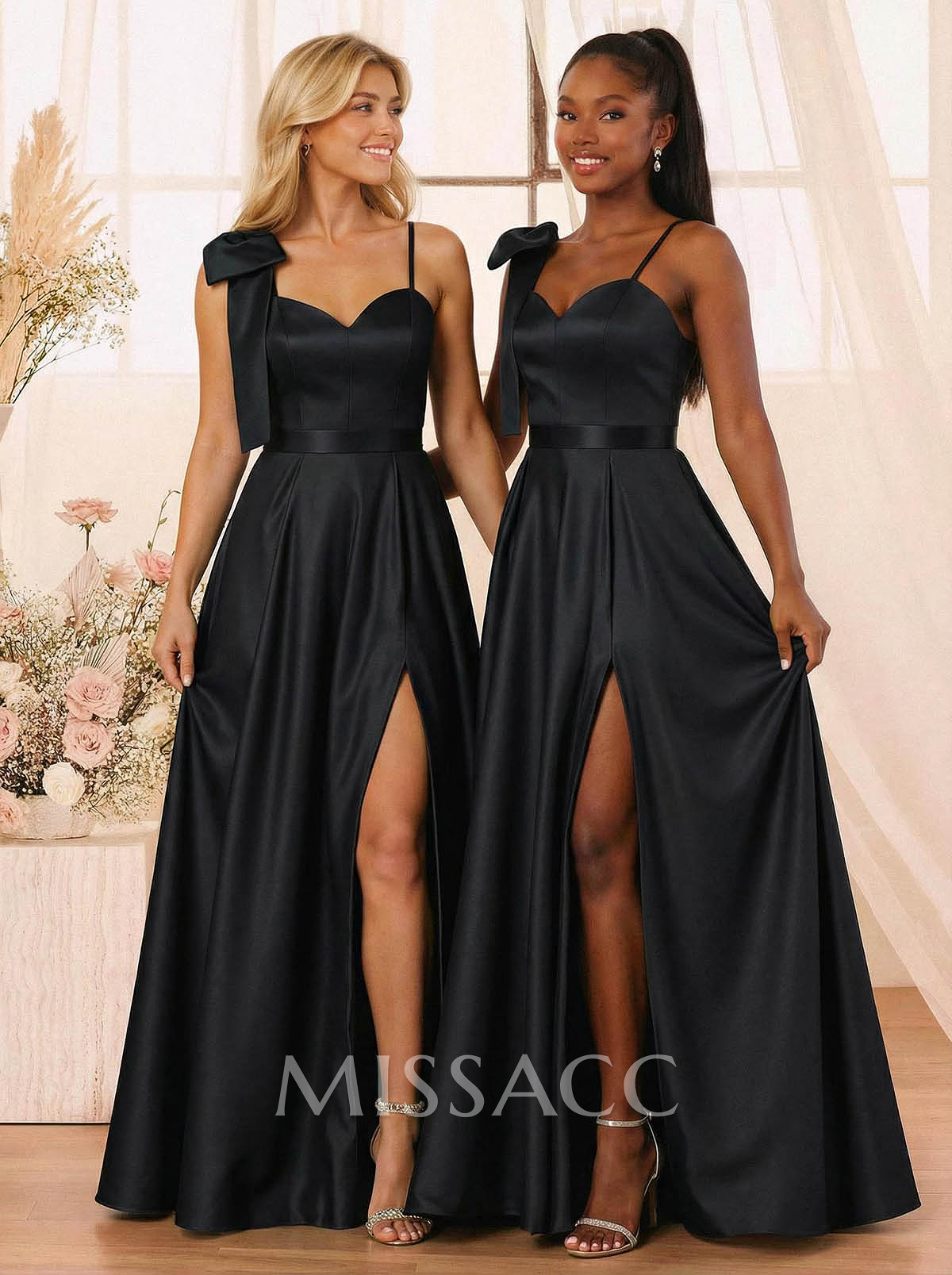 A-Line Sweetheart Floor-Length Satin Bridesmaid Dresses With Bow(s)/High Split