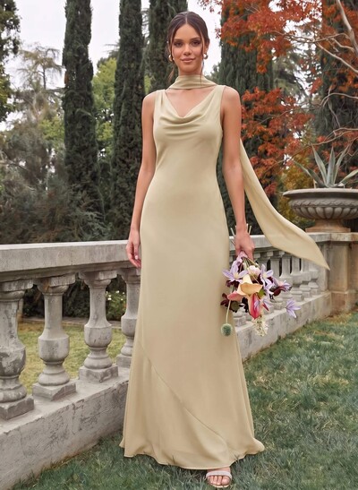 Sheath/Column Cowl Neck Sleeveless Floor-Length Chiffon Bridesmaid Dresses
