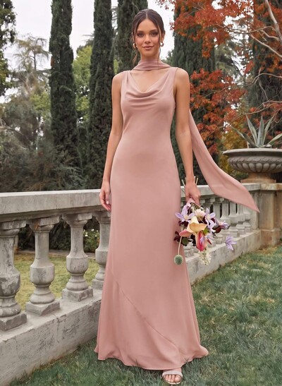 Sheath/Column Cowl Neck Sleeveless Floor-Length Chiffon Bridesmaid Dresses