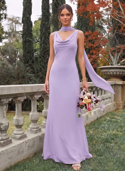 Sheath/Column Cowl Neck Sleeveless Floor-Length Chiffon Bridesmaid Dresses