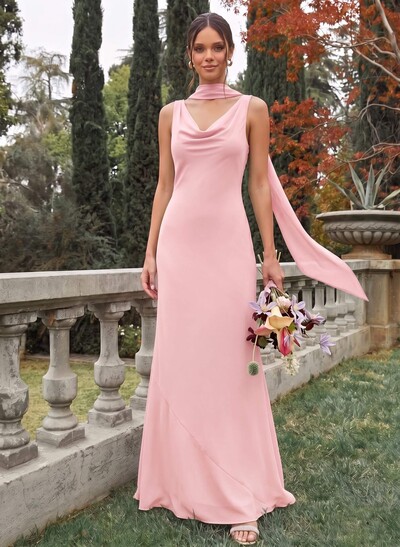 Sheath/Column Cowl Neck Sleeveless Floor-Length Chiffon Bridesmaid Dresses