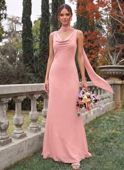 Sheath/Column Cowl Neck Sleeveless Floor-Length Chiffon Bridesmaid Dresses