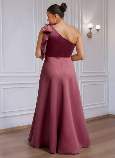 A-Line One-Shoulder Floor-Length Stretch Satin Bridesmaid Dresses With Bow(s)/High Split